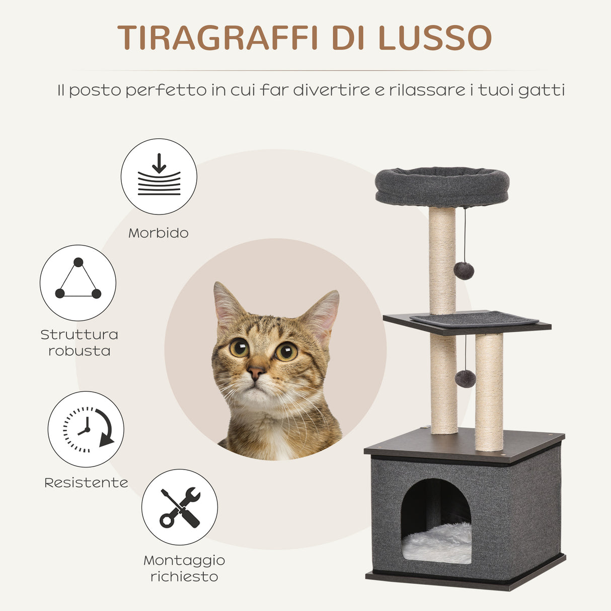 easycomfort easycomfort albero tiragraffi per gatti con casetta lettino e pali in sisal 40x40x104cm grigio
