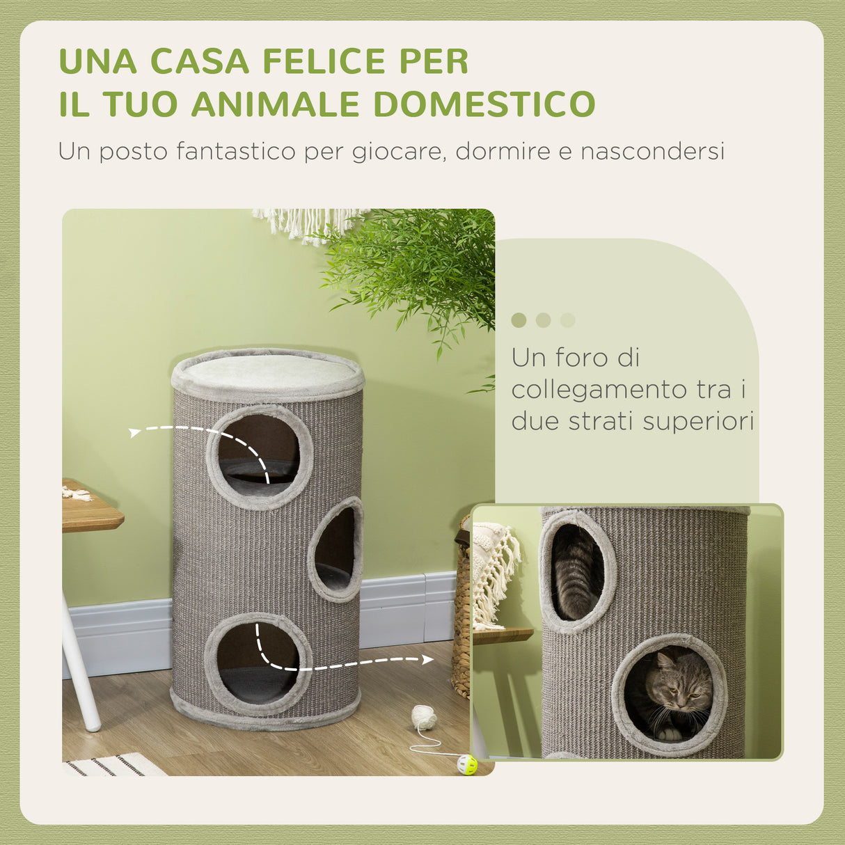 easycomfort cuccia per gatti a 3 livelli con tiragraffi in sisal e peluche o38x70cm grigio chiaro