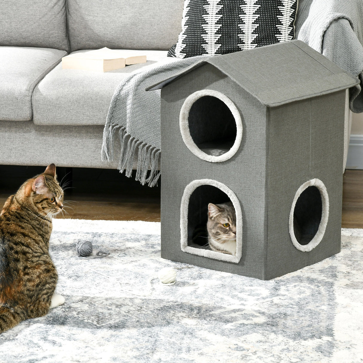 easycomfort easycomfort casetta per gatti a due livelli con cuscini lavabili 3 entrate 42x46x59 5 cm grigio