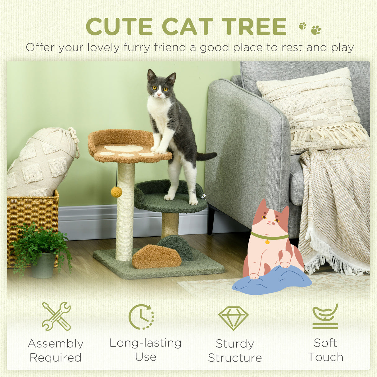 easycomfort albero tiragraffi per gatti con 2 lettini pallina e rivestimento in velluto 43x39x52cm