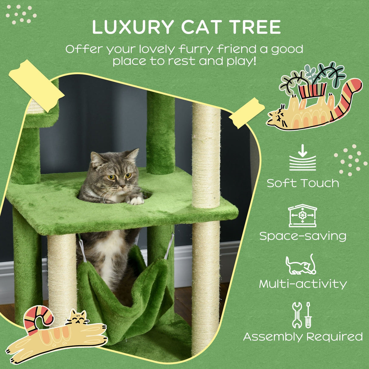 easycomfort easycomfort albero tiragraffi per gatti con amaca pallina e tiragraffi in sisal 49x49x142cm verde