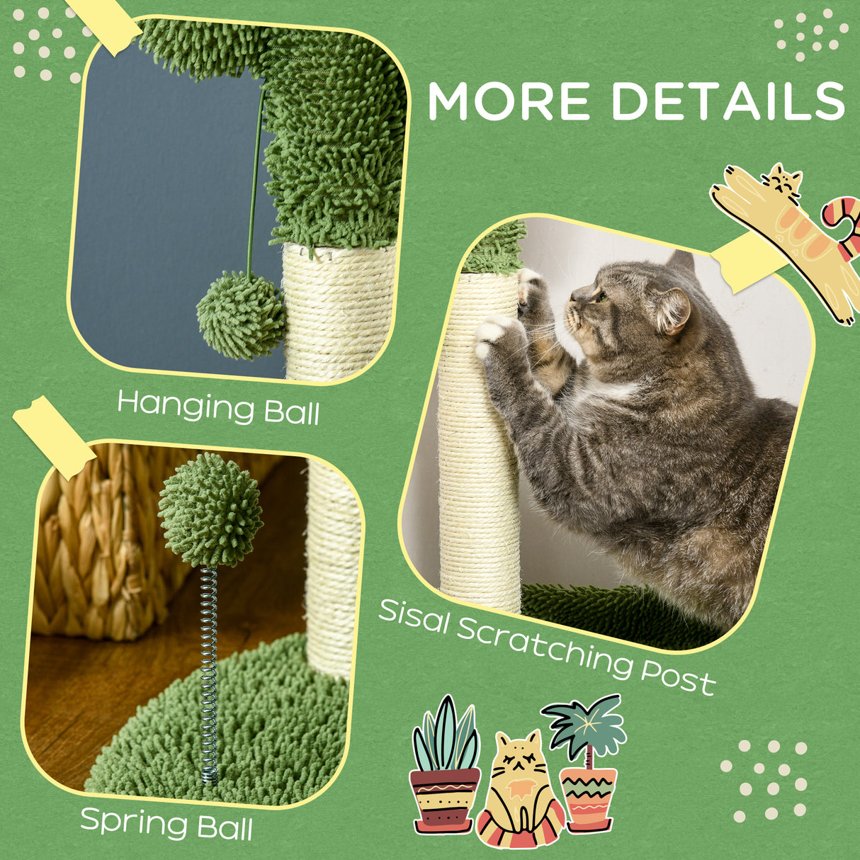 easycomfort easycomfort albero per gatti a forma di cactus con tiragraffi e 2 palline da gioco 35x31x55 5 cm verde e bianco