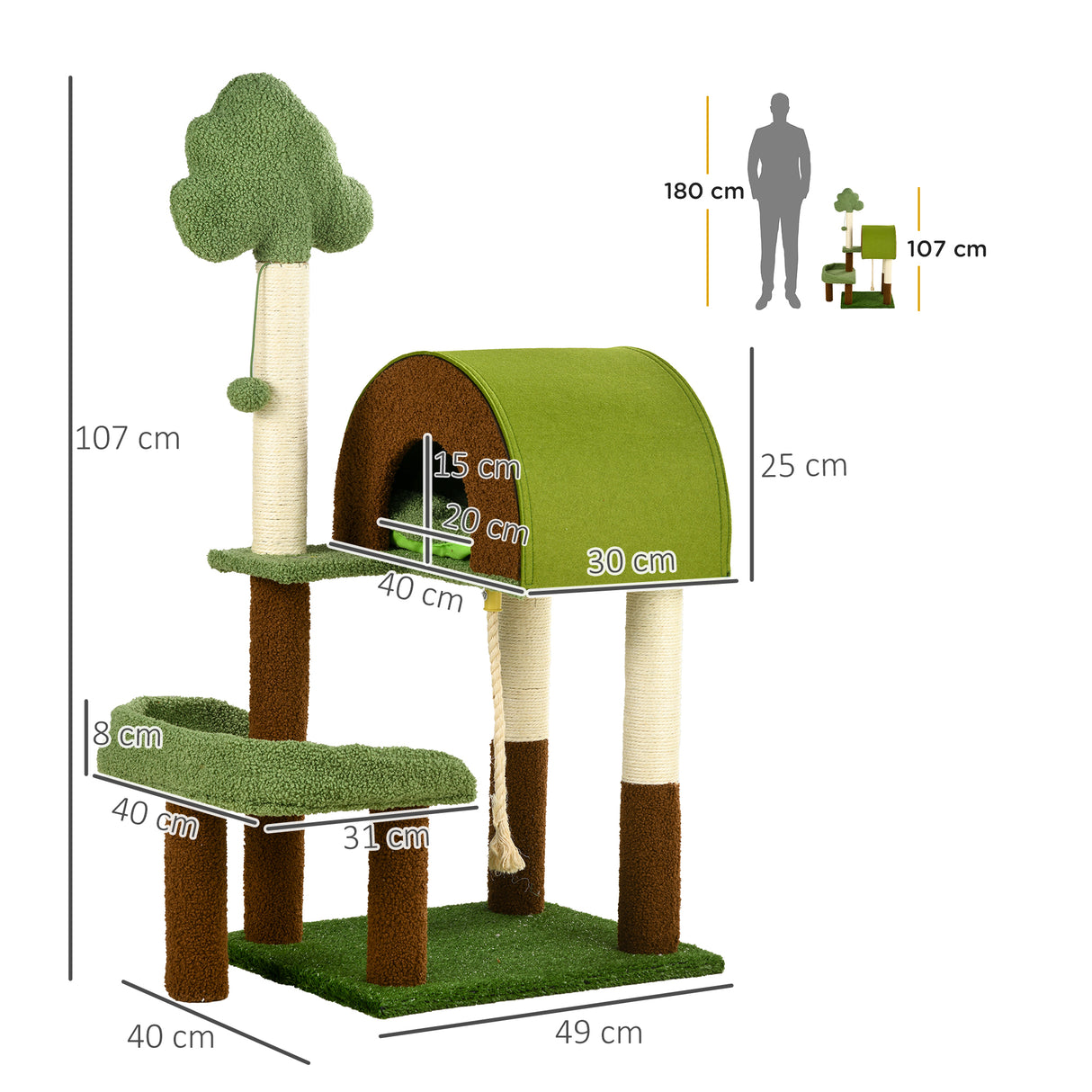 easycomfort easycomfort albero per gatti a tema foresta con casetta lettino tiragraffi e pallina 49x40x107 cm verde