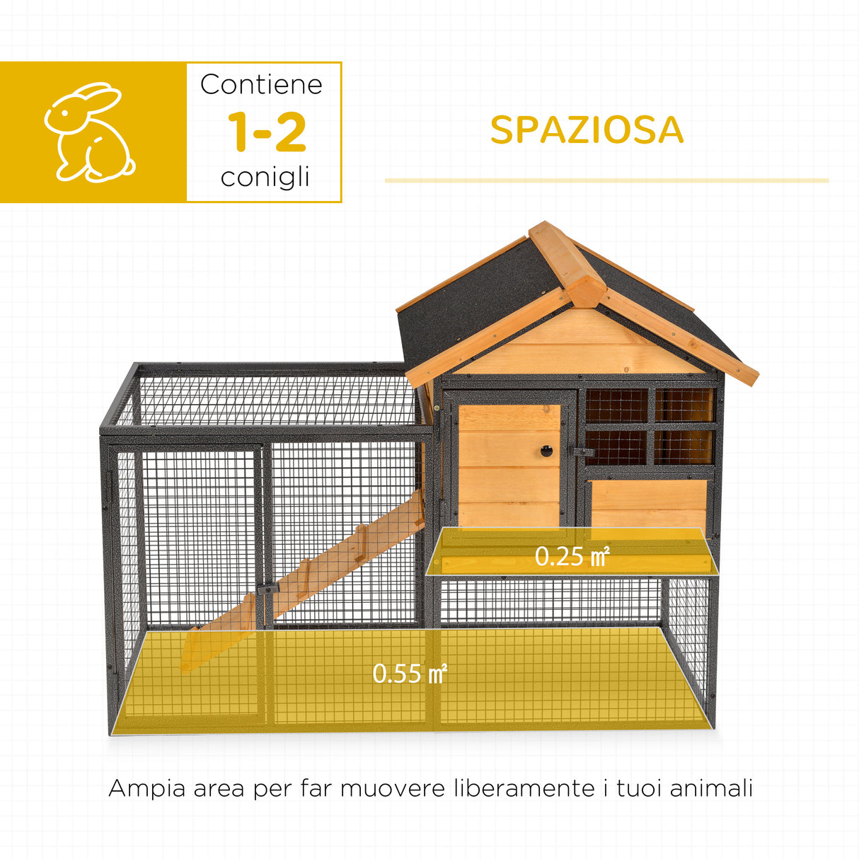 easycomfort gabbia per conigli con casetta rampa e area aperta conigliera in legno e metallo giallo chiaro 122x63x92cm