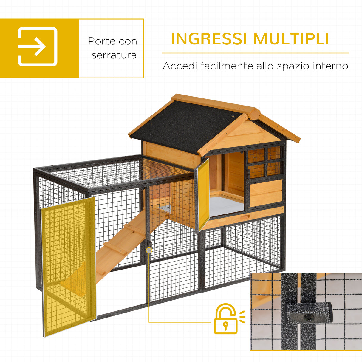 easycomfort gabbia per conigli con casetta rampa e area aperta conigliera in legno e metallo giallo chiaro 122x63x92cm
