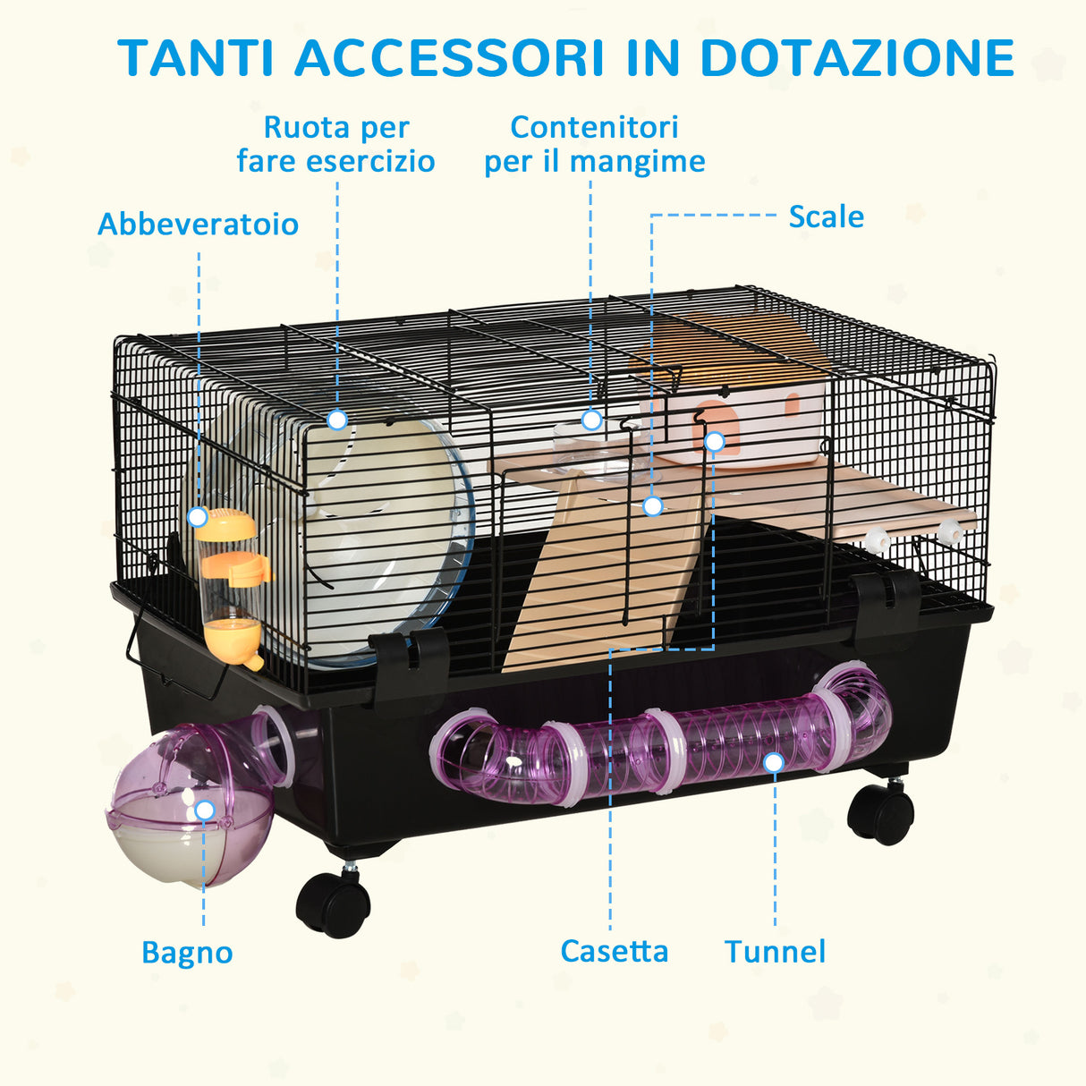 easycomfort easycomfort gabbia per criceti con casetta tunnel e ruota base con 4 rotelle 60x35x38 5cm nero e marrone