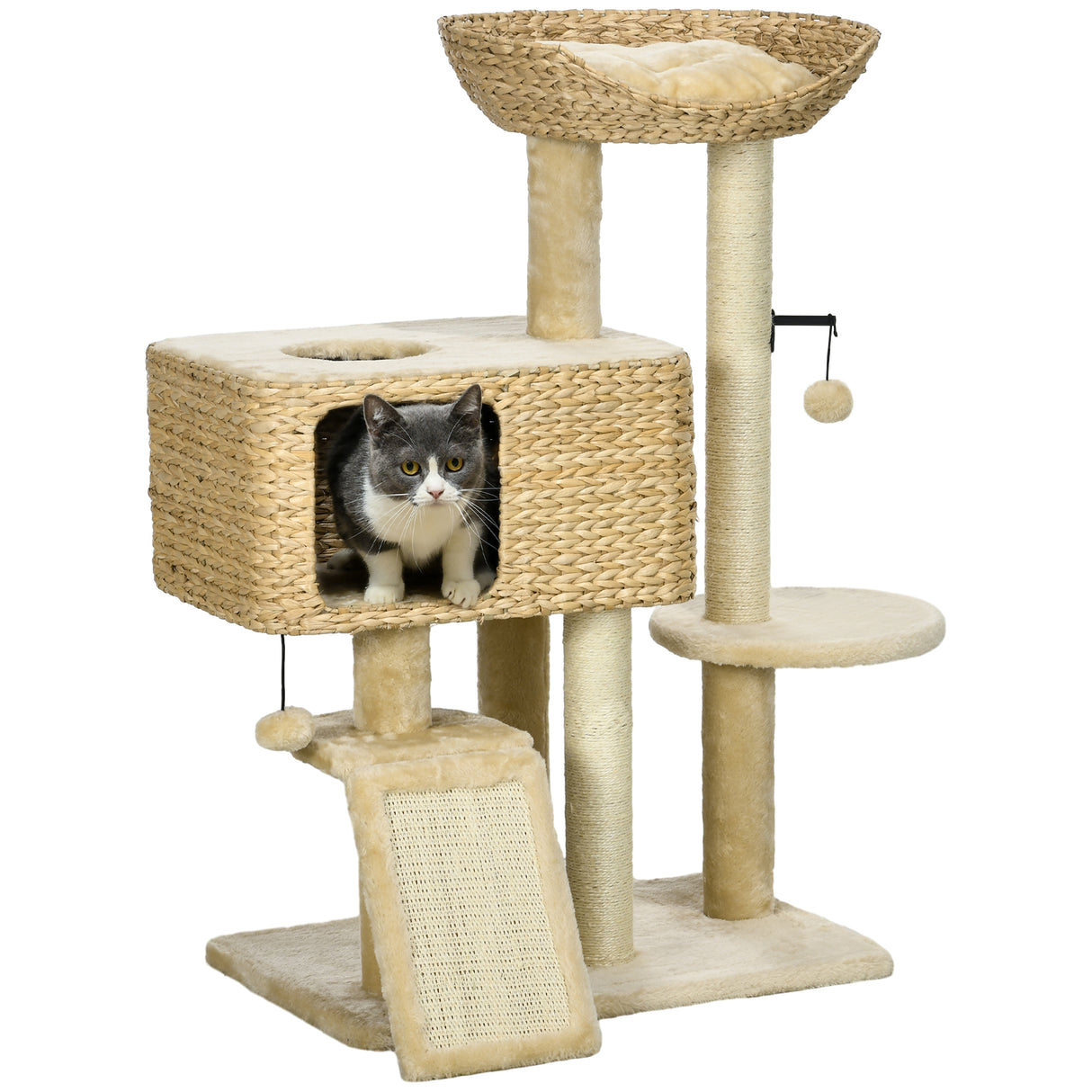 easycomfort easycomfort albero tiragraffi per gatti con casetta trespolo e pallina in legno e poliestere 60x40x95 cm marrone e beige