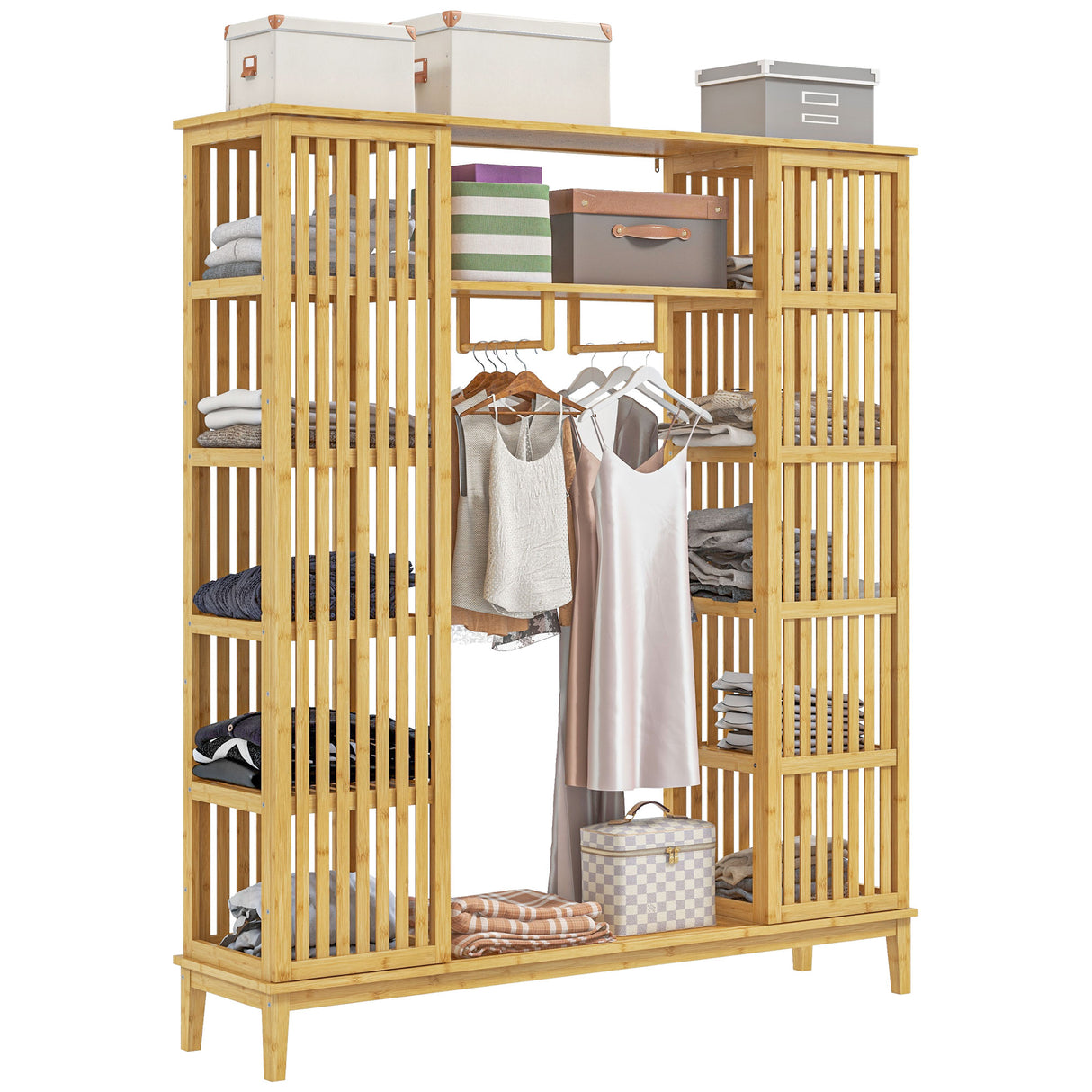 easycomfort easycomfort armadio aperto in bambu con 2 ante scorrevoli ripiani aperti e barra appendiabiti 145x35x165cm