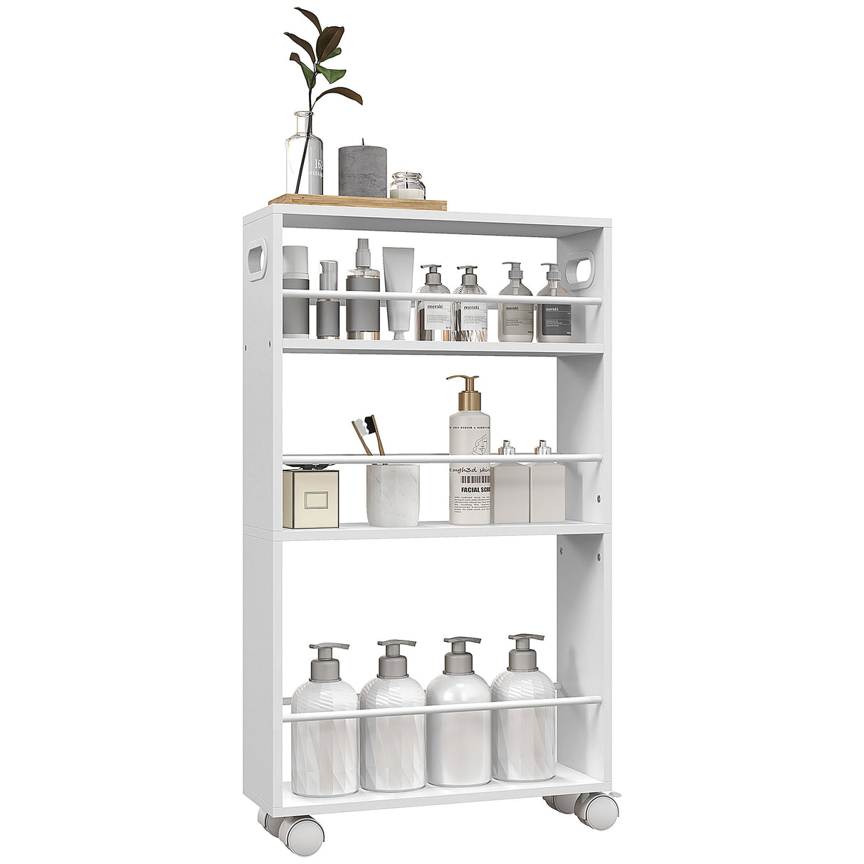 easycomfort easycomfort carrello da cucina e bagno salvaspazio a 3 livelli con barre laterali e ruote con freni bianco
