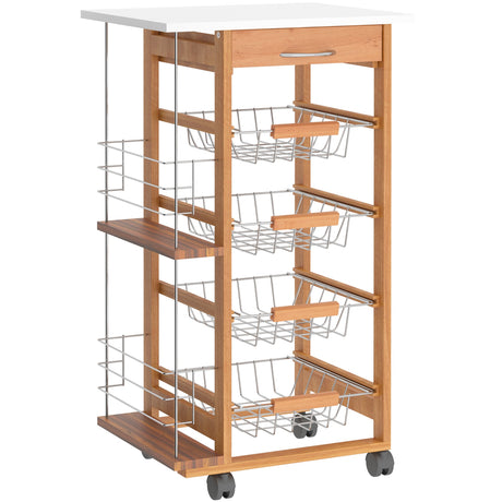 easycomfort easycomfort carrello da cucina in legno marrone con 1 cassetto e 4 cestelli metallici