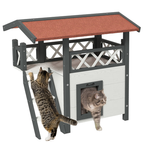 easycomfort easycomfort casetta per gatti da esterno con terrazza e scaletta in legno 77x50x73cm bianco e grigio