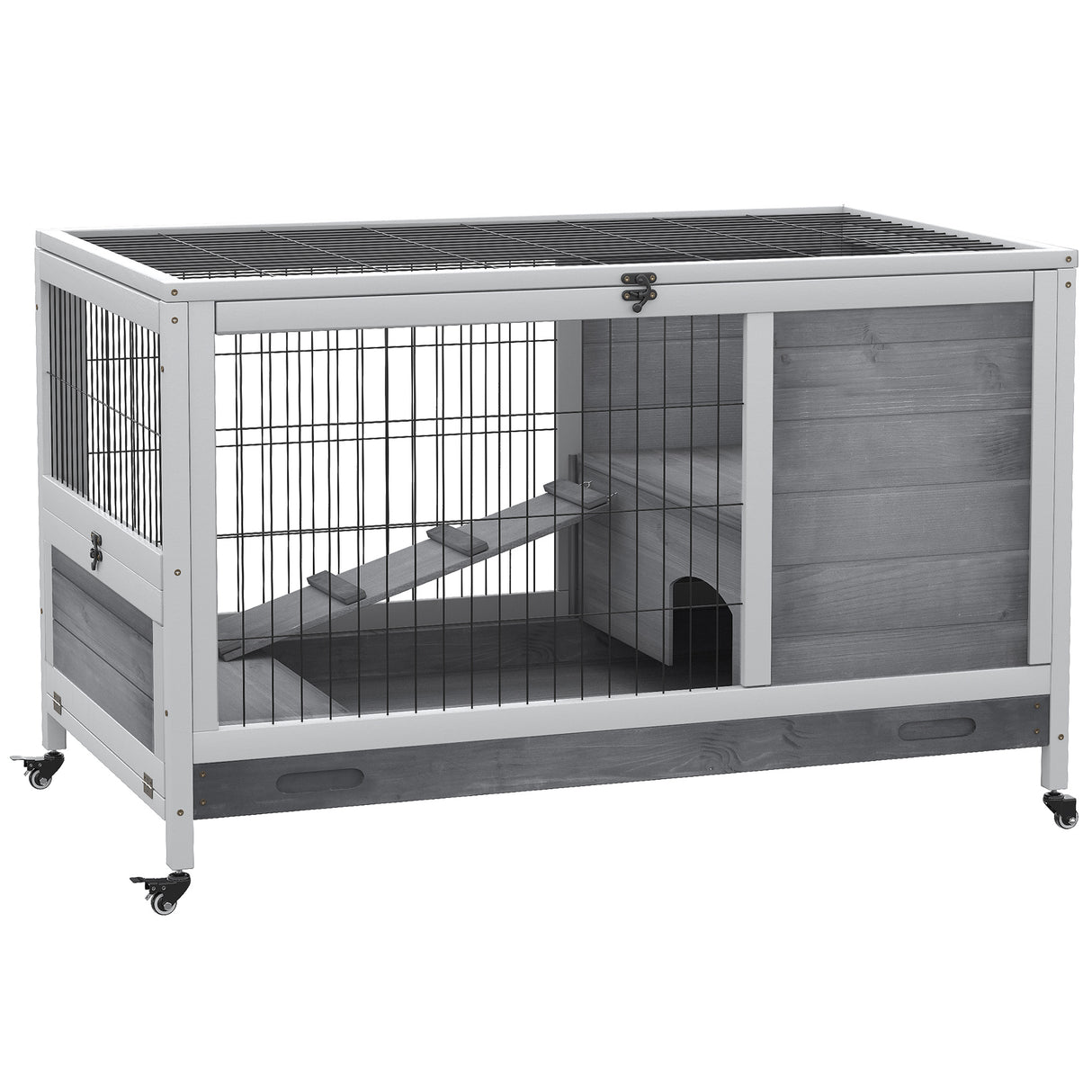 easycomfort easycomfort conigliera in legno con 4 ruote casetta per conigli e rampa 90x53x59cm grigio