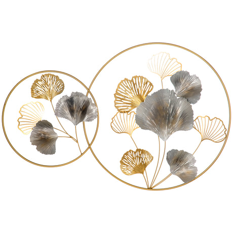 easycomfort easycomfort decorazione murale 3d in metallo wall art dorata con ginkgo in due cornici rotonde 102x66 2cm oro e argento