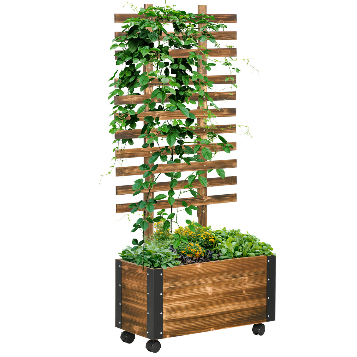 easycomfort easycomfort fioriera con traliccio per rampicanti e rotelle in legno di abete 65x31x147 cm marrone