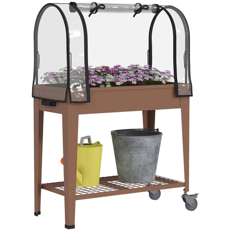easycomfort easycomfort fioriera rialzata con mini serra per piante ruote e ripiano 80x40x120cm marrone