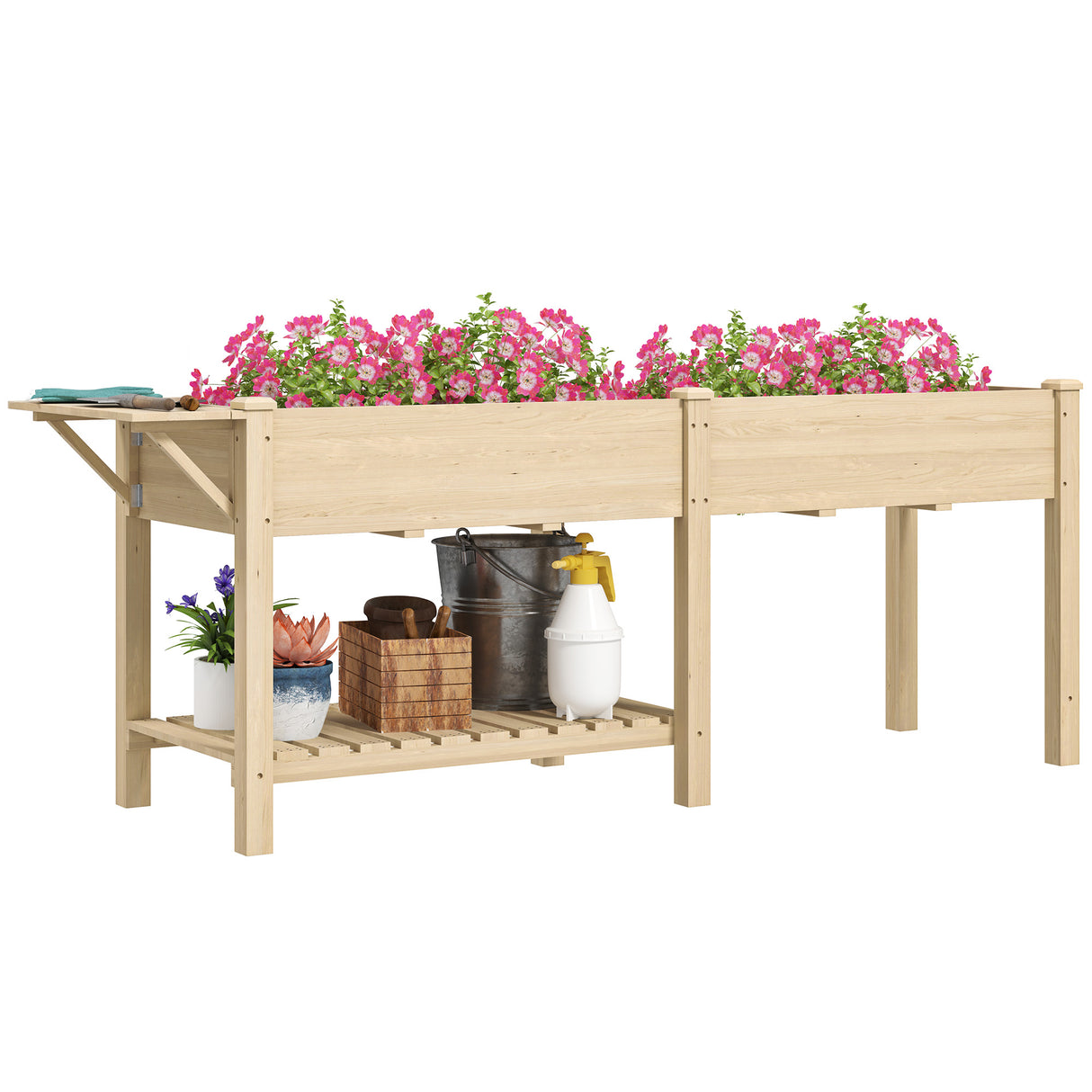 easycomfort easycomfort fioriera rialzata con tavolino laterale e ripiano porta attrezzi inferiore in legno di abete 207x59x78 cm