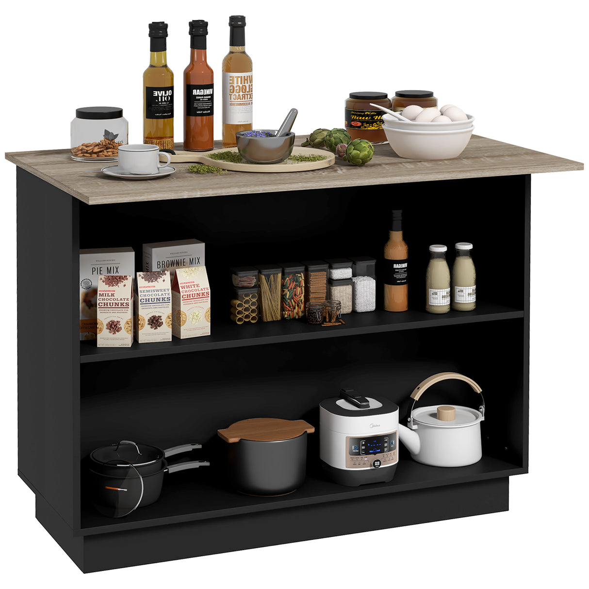 easycomfort easycomfort isola per cucina con 2 ripiani aperti e 2 armadietti in mdf 105x60x82 cm color rovere e nero