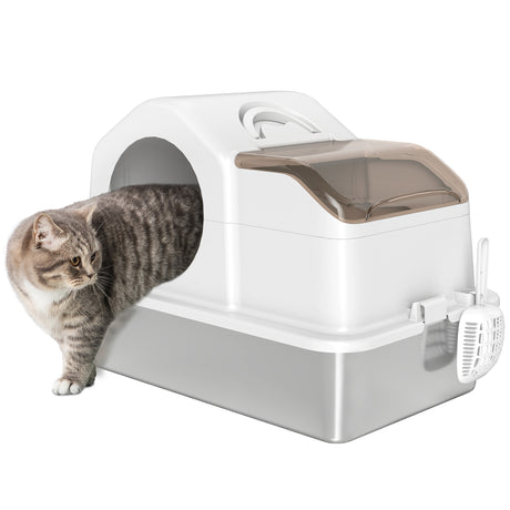 easycomfort easycomfort lettiera per gatti chiusa con 2 tappetini in acciaio inox abs e pp 60 5x40 5x42 cm bianca e argento