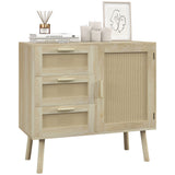 easycomfort easycomfort mobile multiuso stile boho con armadietto e 3 cassetti in legno e rattan 80x36x75cm rovere