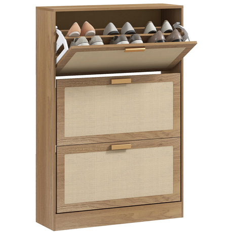easycomfort easycomfort mobile scarpiera per 18 paia di scarpe con 3 cassetti ribaltabili in legno e rattan 80x25x120 cm marrone