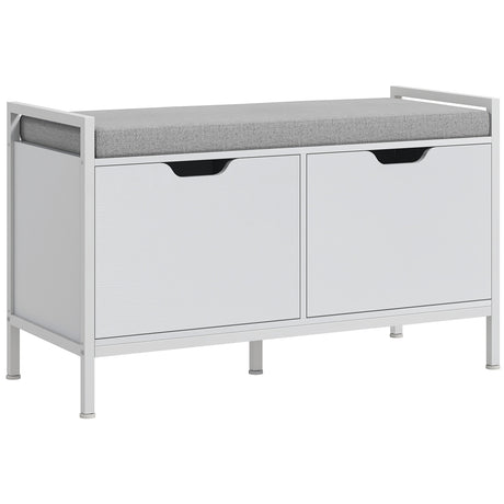 easycomfort easycomfort panca scarpiera a 2 armadietti con cuscino in tessuto effetto lino legno e acciaio 84x35x50 cm bianco