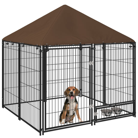 easycomfort easycomfort recinto per cani in metallo e tessuto oxford con porticina per ciotole 141x141x151 cm nero e marrone