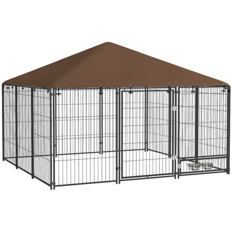easycomfort easycomfort recinto per cani in metallo e tessuto oxford con porticina per ciotole 211x211x151 cm nero e marrone