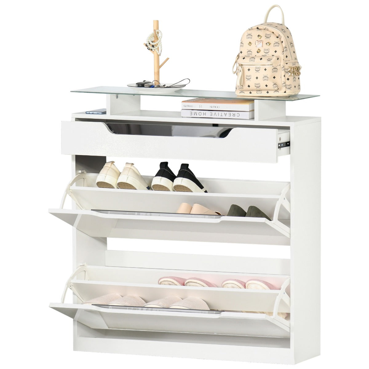 easycomfort easycomfort scarpiera moderna con 2 cassetti per 16 scarpe scarpiera a ribalta con mensola regolabile e ripiano in vetro 89x23x96cm bianco lucido
