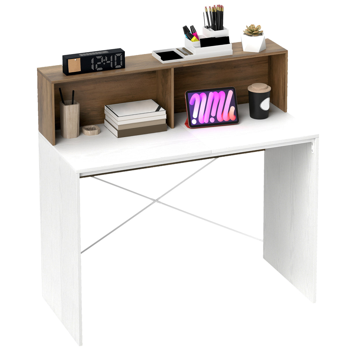 easycomfort easycomfort scrivania pc moderna con piano rialzato e 2 ripiani in truciolato 110x50x102 6 cm bianco marrone e noce