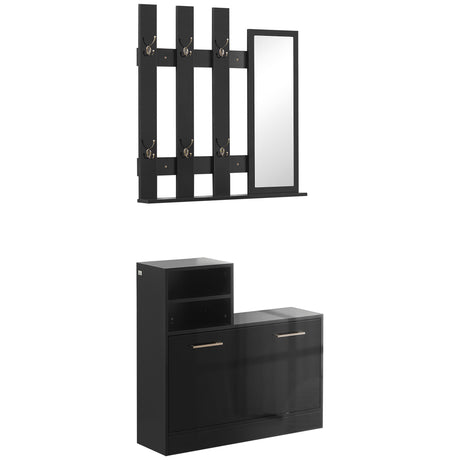 easycomfort easycomfort set appendi abiti da ingresso con specchio e scarpiera per 8 paia di scarpe nero lucido