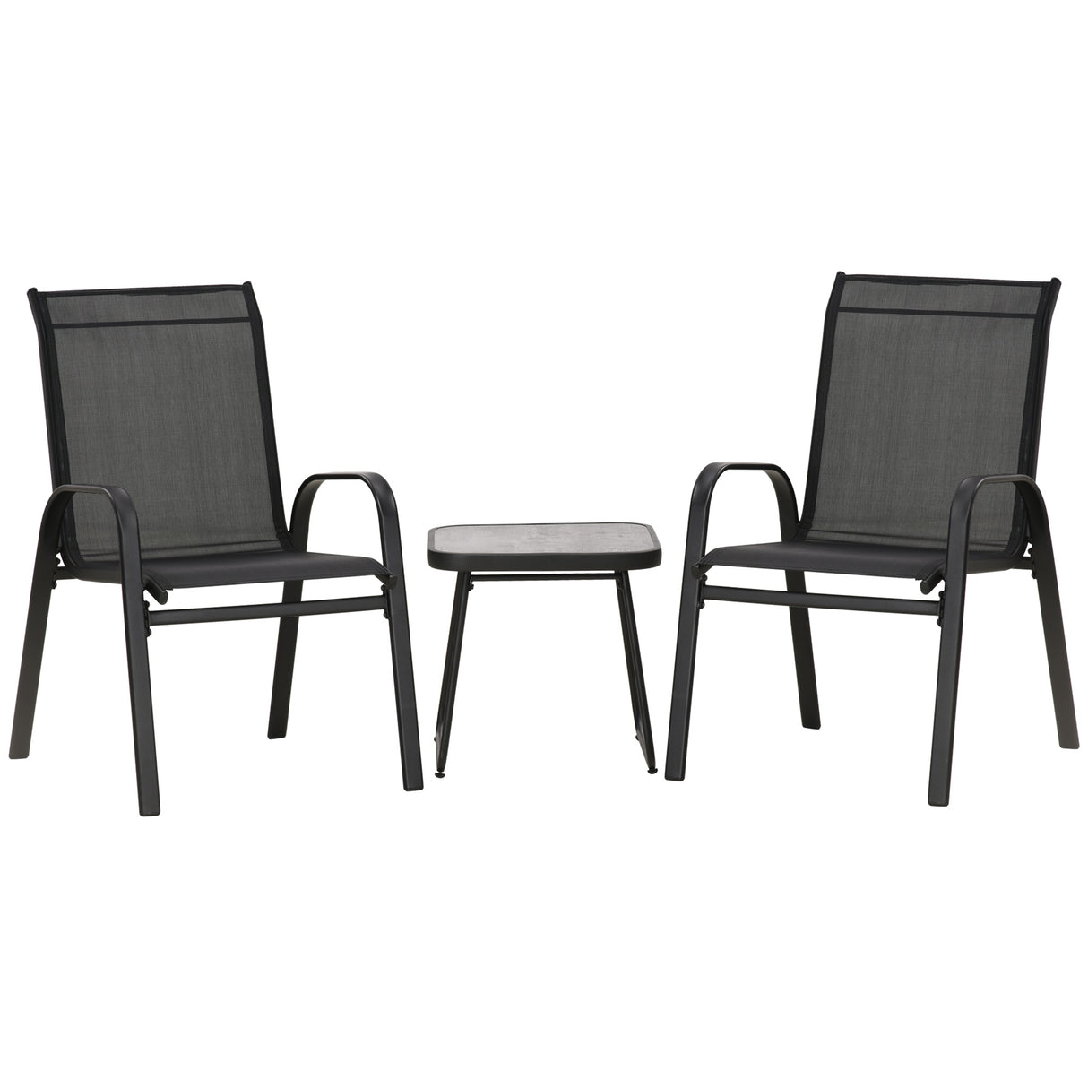 easycomfort easycomfort set da giardino 3 pezzi con tavolino e 2 sedie impilabili in acciaio e tessuto traforato nero
