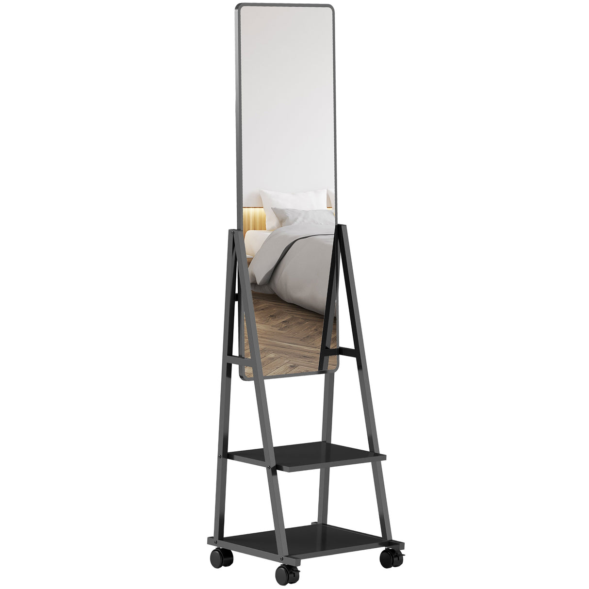 easycomfort easycomfort specchio verticale da terra con 2 ripiani e 4 rotelle in acciaio e legno 42x37x155 cm nero