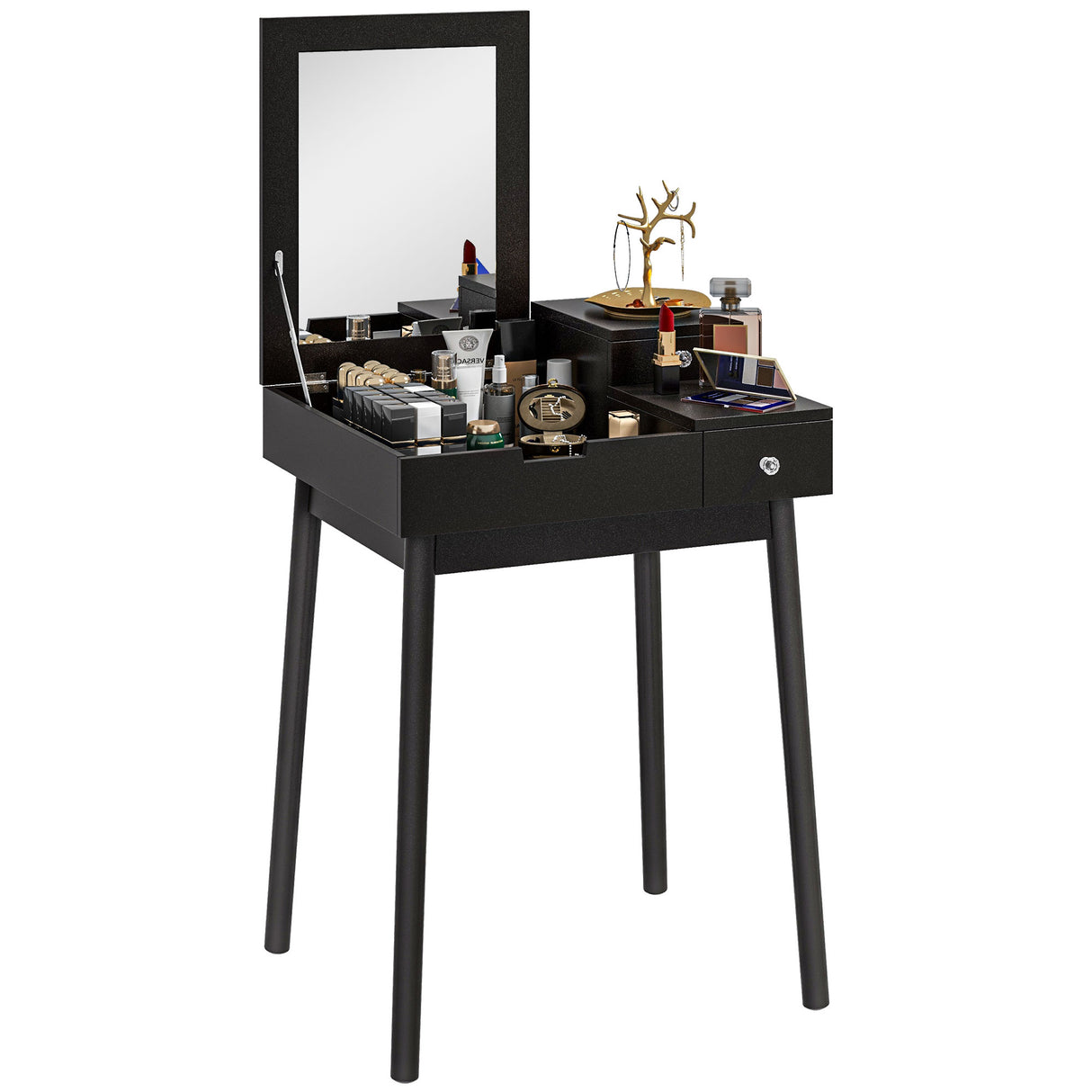 easycomfort easycomfort tavolo da trucco 2 in 1 con specchio ribaltabile e 2 cassetti 60x50x85 5 cm nero