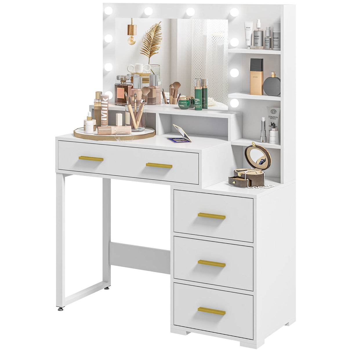 easycomfort easycomfort tavolo da trucco in legno con 4 cassetti 6 ripiani aperti e specchio 100x40x138 cm bianco