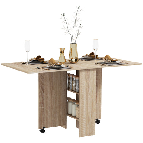 easycomfort easycomfort tavolo pieghevole con 2 ribalte per 6 persone con ripiani e rotelle integrate legno naturale