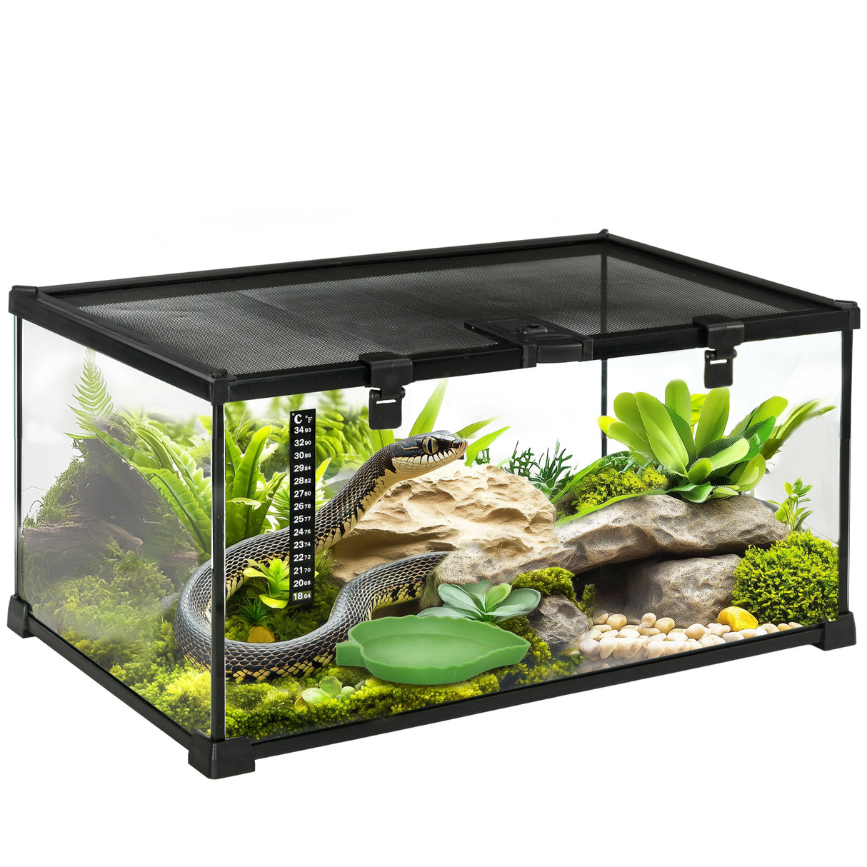 easycomfort easycomfort terrario per rettili rialzato con serratura e termometro in vetro e rete metallica 50x30x25 cm nero
