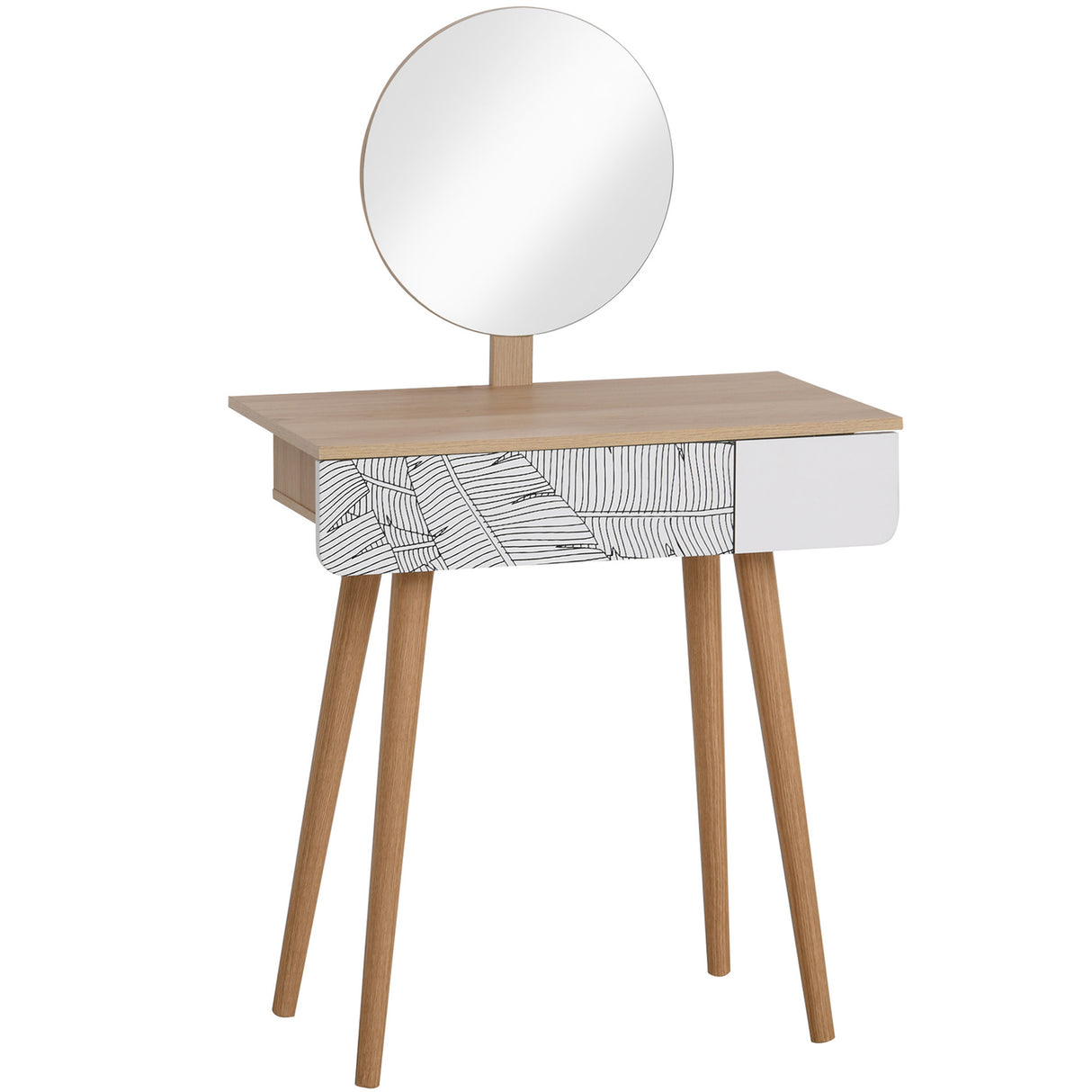 easycomfort easycomfort toeletta tavolo da trucco con specchio circolare 39cm consolle trucco con cassetto con decorazione jungle bianco e rovere 70x39x119 128cm ean 8054144134673