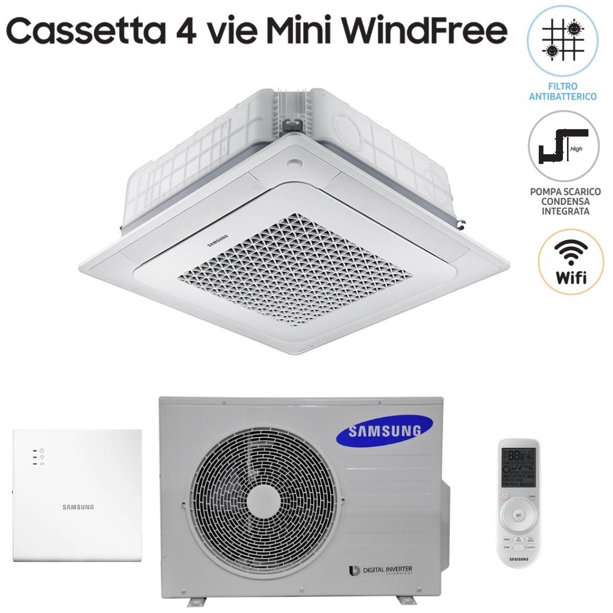 climatizzatore condizionatore samsung mini cassetta 4 vie windfree 18000 btu ac052nnndkh con wi fi integrato e pannello incluso