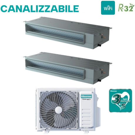 climatizzatore condizionatore hisense dual split inverter canalizzato canalizzabile 9+12 con 2amw52u4rxc r 32 wi fi optional 9000+12000 con telecomando di serie e cablato incluso