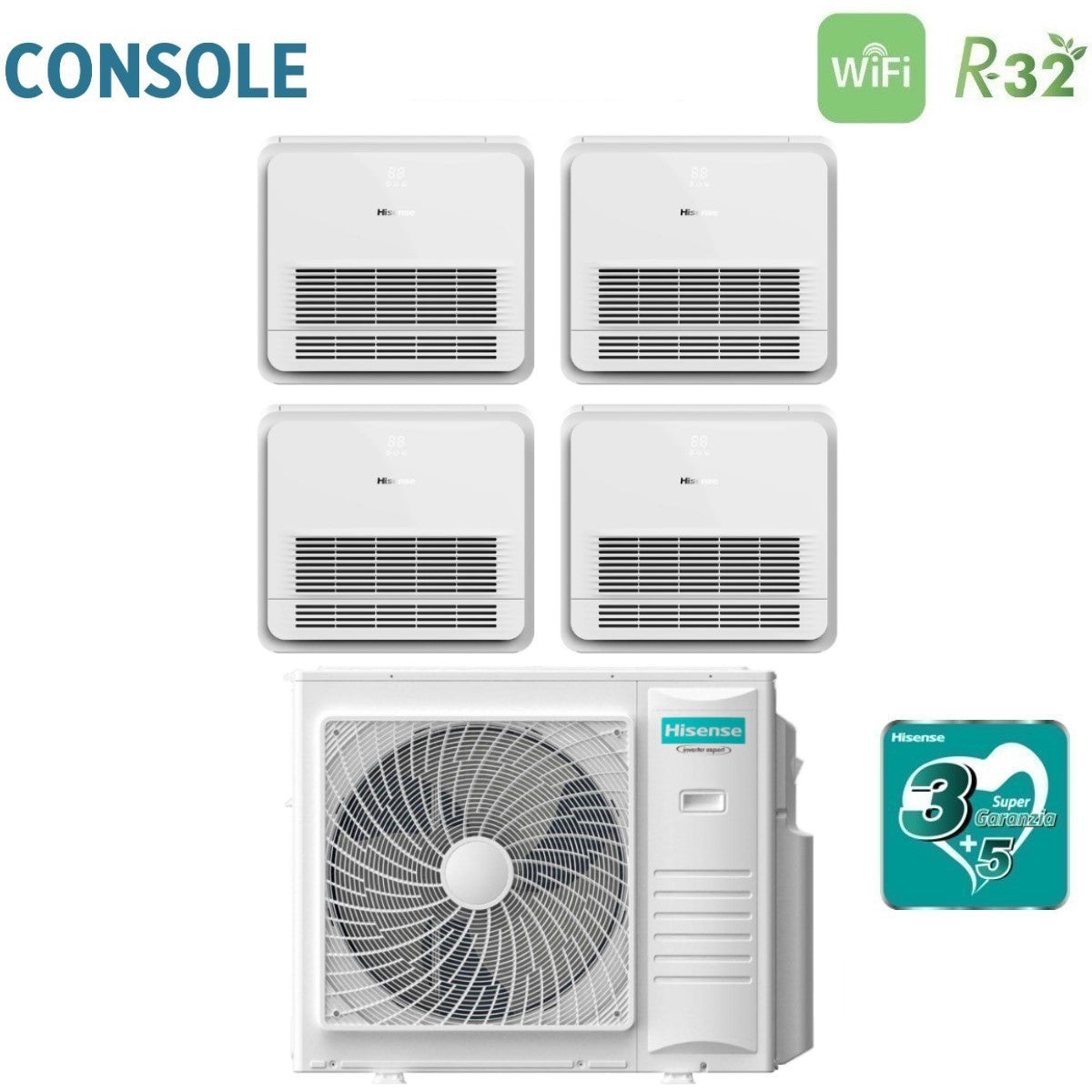 climatizzatore condizionatore hisense quadri split console akt 9_12_12_12 con 4amw105u4raa r 32 9000_12000_12000_12000 con telecomando di serie