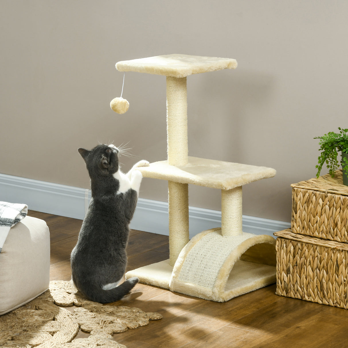 easycomfort easycomfort albero per gatti a 3 livelli con tiragraffi peluche e sisal 40x35x72 cm crema