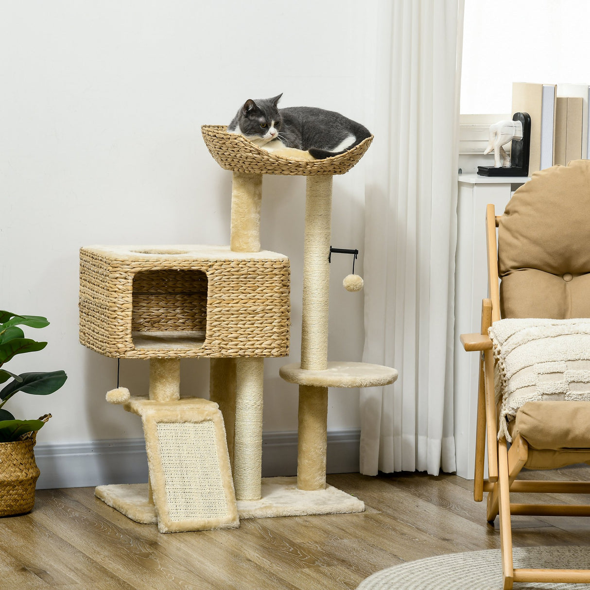 easycomfort easycomfort albero tiragraffi per gatti con casetta trespolo e pallina in legno e poliestere 60x40x95 cm marrone e beige