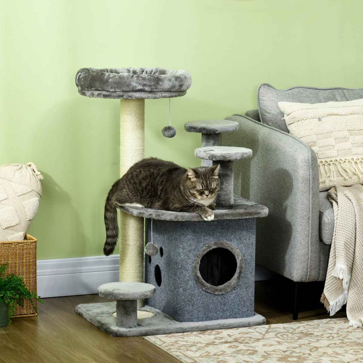easycomfort easycomfort albero tiragraffi per gatti con lettino e casetta in peluche pali in sisal 60x48x92 cm grigio