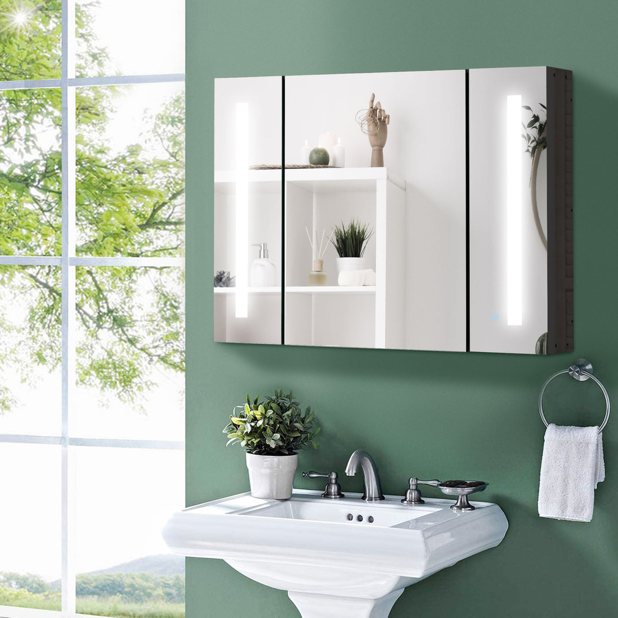 easycomfort easycomfort armadietto con specchio da bagno a parete in mdf con 3 armadietti 3 ripiani e luce led 90x15x65 cm nero