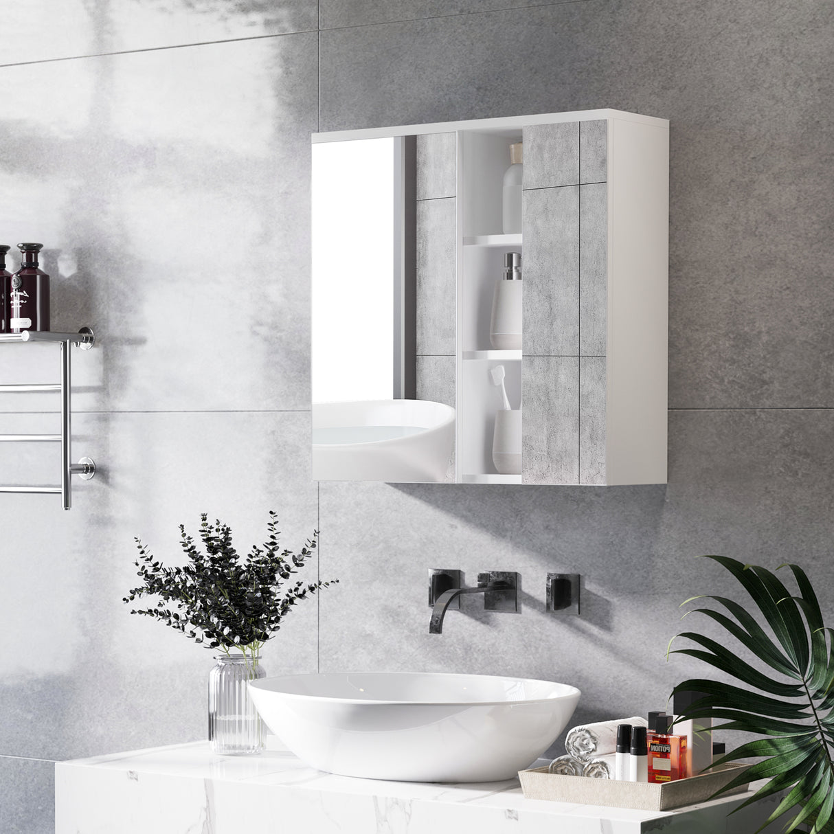 easycomfort easycomfort armadietto specchiera bagno 2 ante con ripiani aperti e mensole regolabili 60x20x61cm bianco