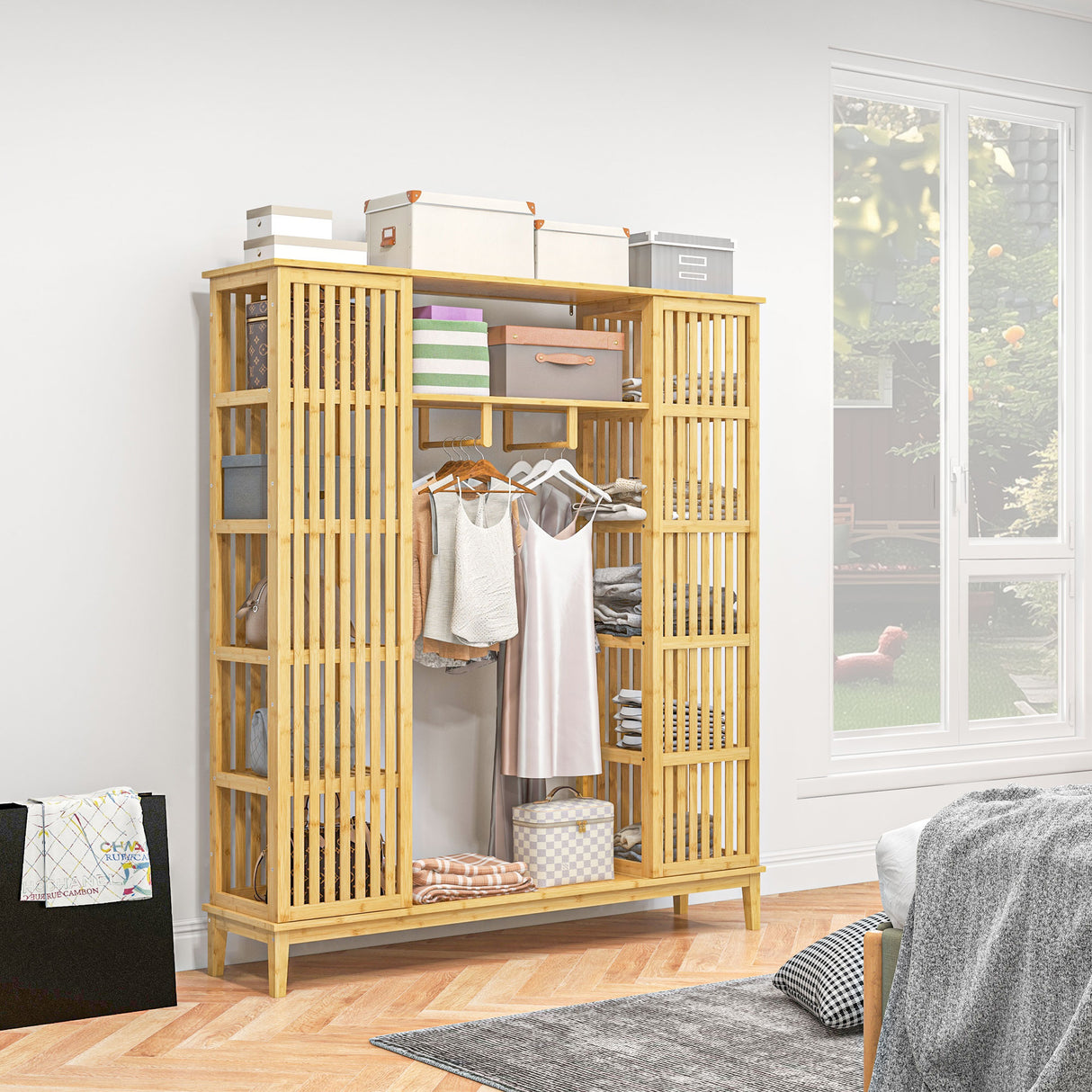 easycomfort easycomfort armadio aperto in bambu con 2 ante scorrevoli ripiani aperti e barra appendiabiti 145x35x165cm