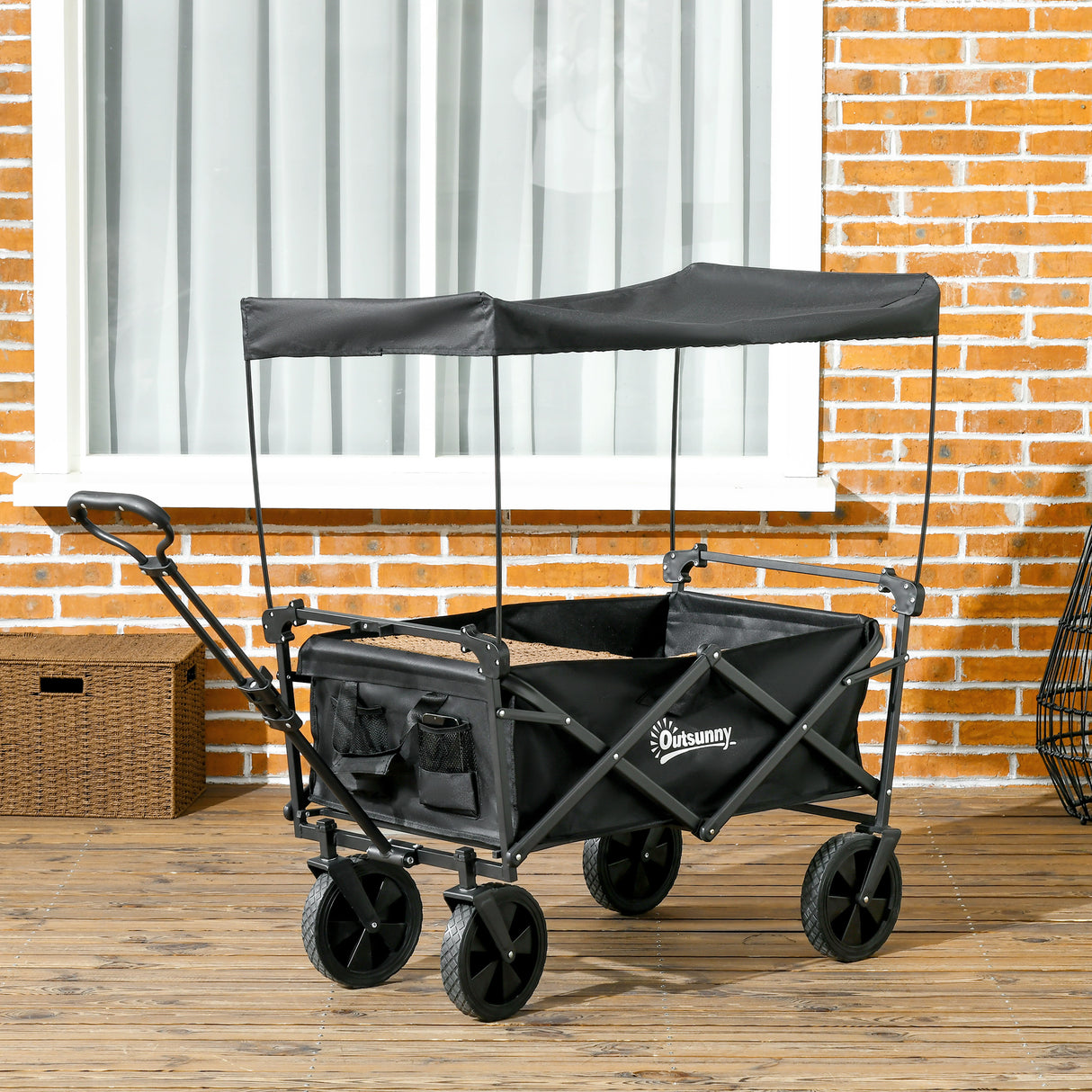 easycomfort easycomfort carrello da giardino 110l con maniglia telescopica e tettuccio in acciaio e tessuto oxford nero