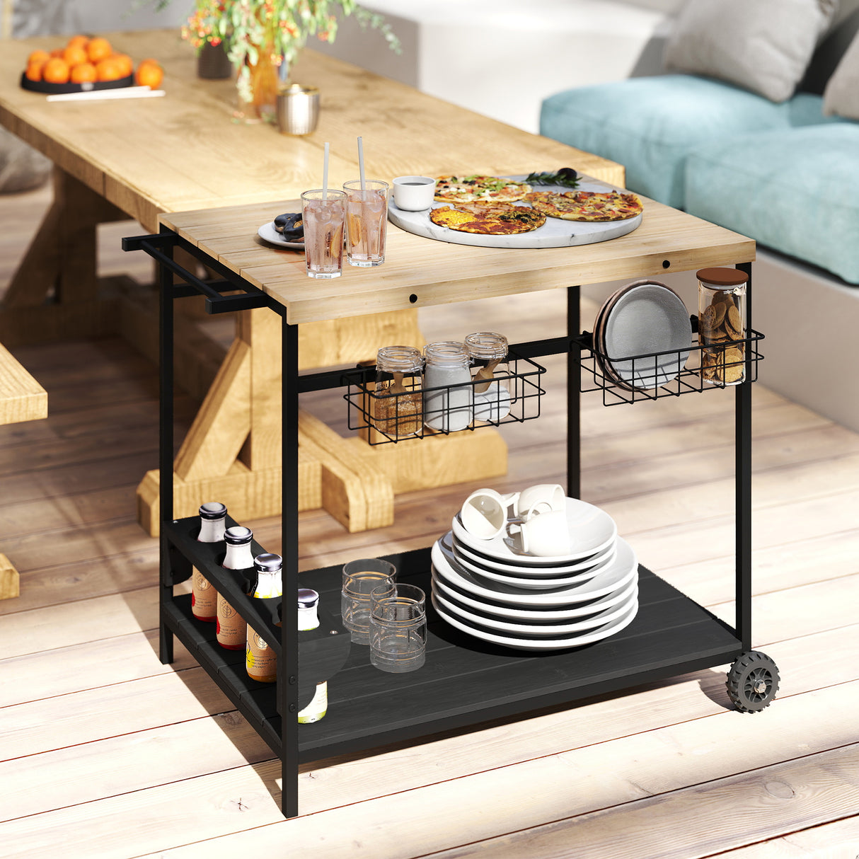 easycomfort easycomfort carrello da giardino a 2 ripiani 2 cesti e 4 spazi portabottiglie in legno di abete 97 5x65x81 cm