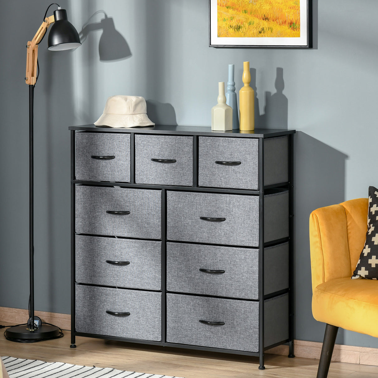 easycomfort easycomfort cassettiera con 9 cassetti in tessuto pieghevoli e struttura in acciaio e legno 100x30x100cm nero e grigio