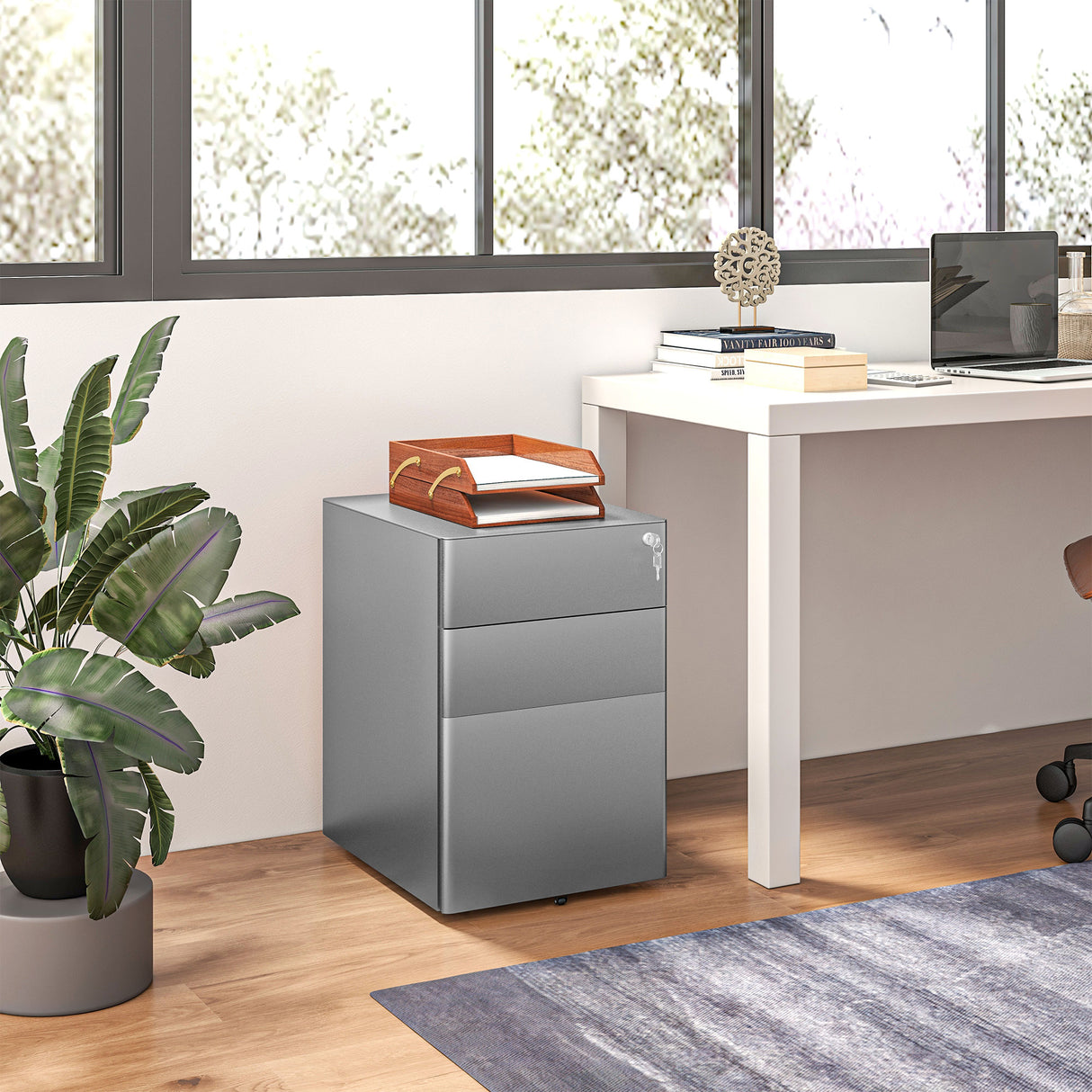 easycomfort easycomfort cassettiera da ufficio 3 cassetti in acciaio con serratura e rotelle 39x48x59cm grigio